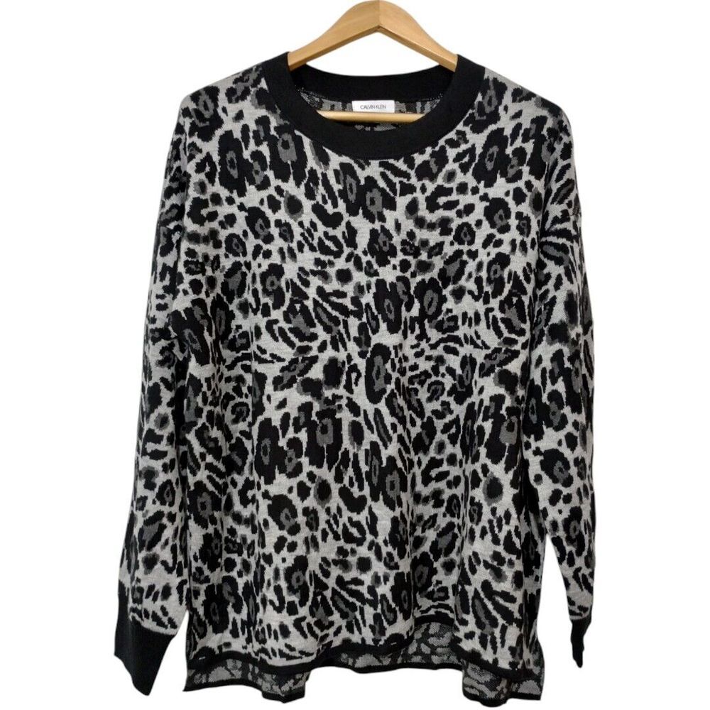 Calvin Klein Sweater Pullover Leopard Animal Print Classic Career Chic Sz XL